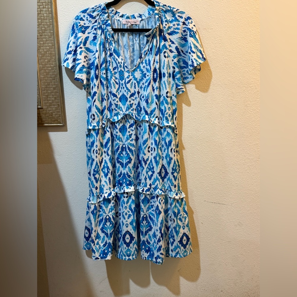 Harlow & Rose Blue & White Ikat Print Tiered Ruffle Mini Dress
